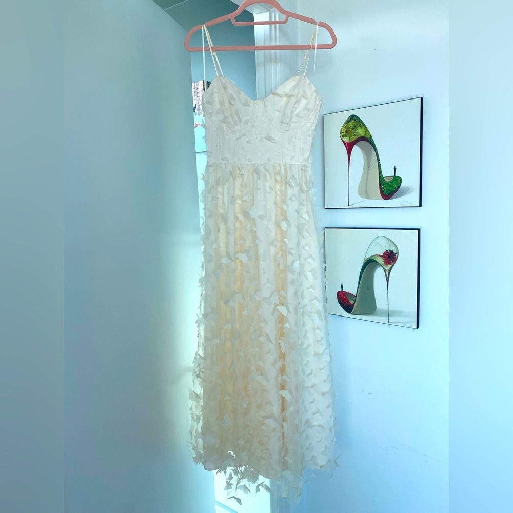 Ivory Floral Appliqué Spaghetti Strap Midi Dress
